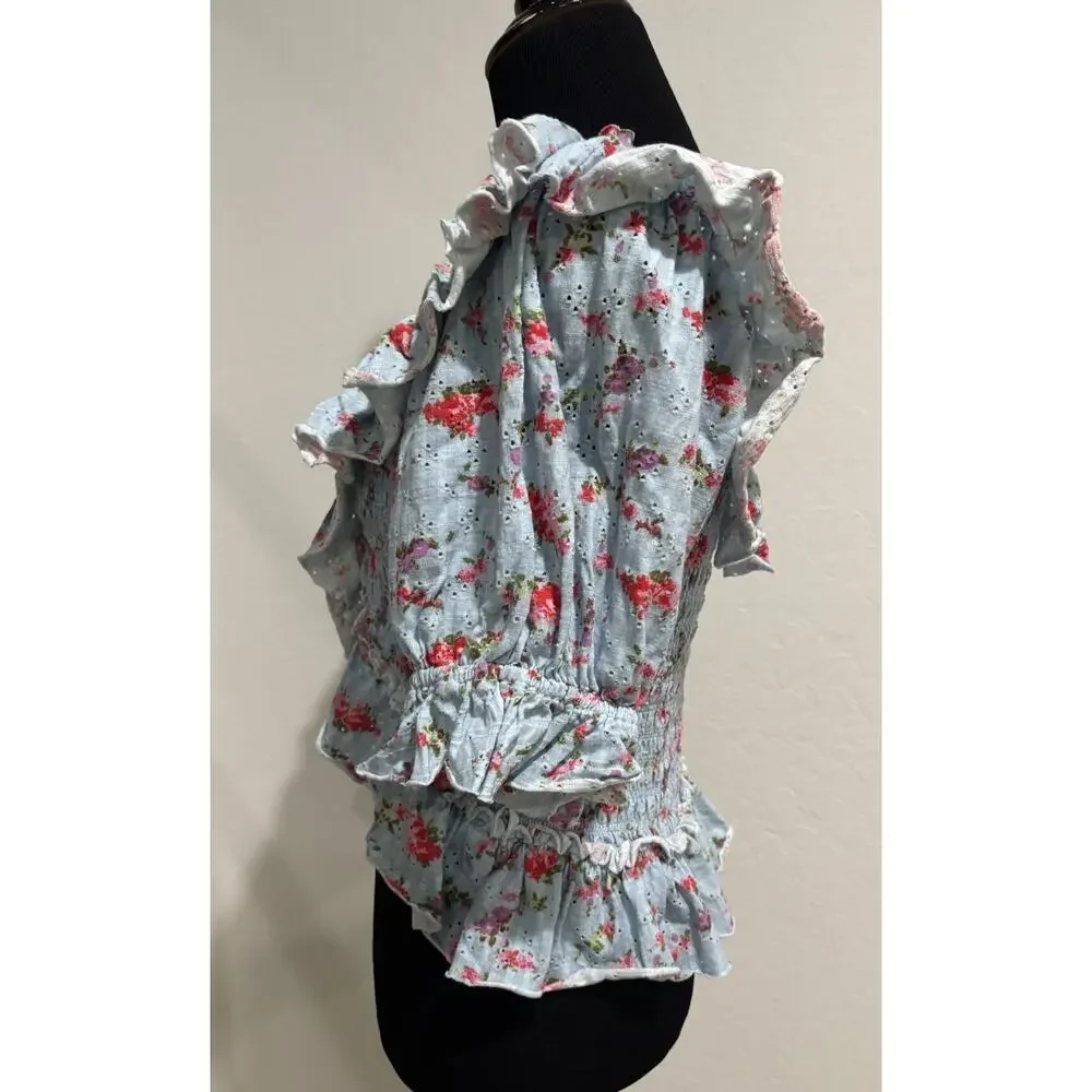 Free People Favorite Girl Ruffle Top Cottage Core Floral Smocked Boho Medium